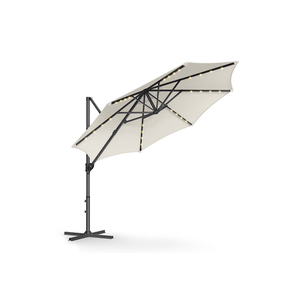 Garden Parasol Umbrella – Fabric – Multicolor – 28 Solar Powered LED Lights, UPF 50+, 360° Swivel, Seamless Tilt, Crank for Opening and Closing