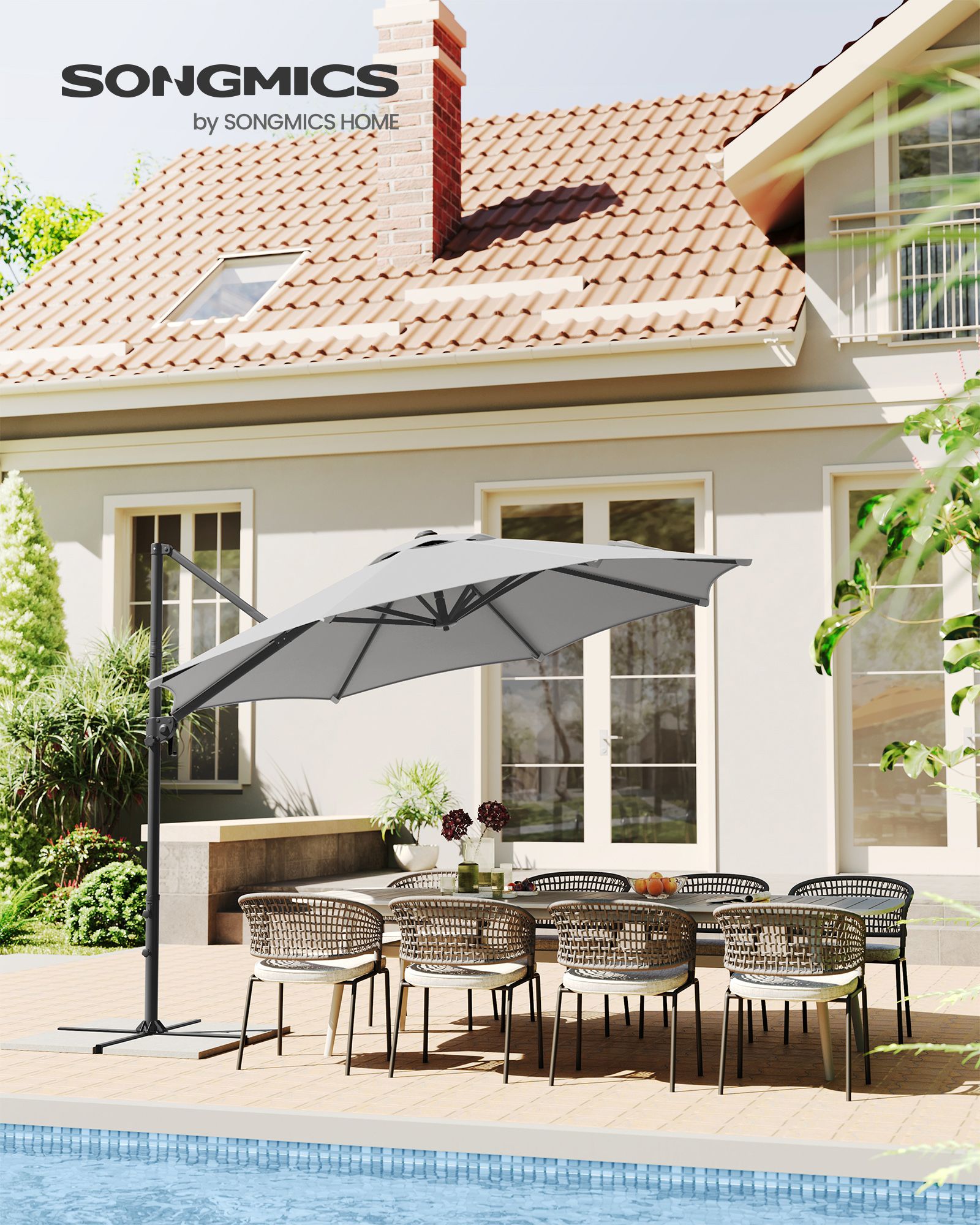 Garden Parasol – Fabric – Dove Grey – UPF 50+, 360° Swivel, Seamless Tilt, Crank Opening