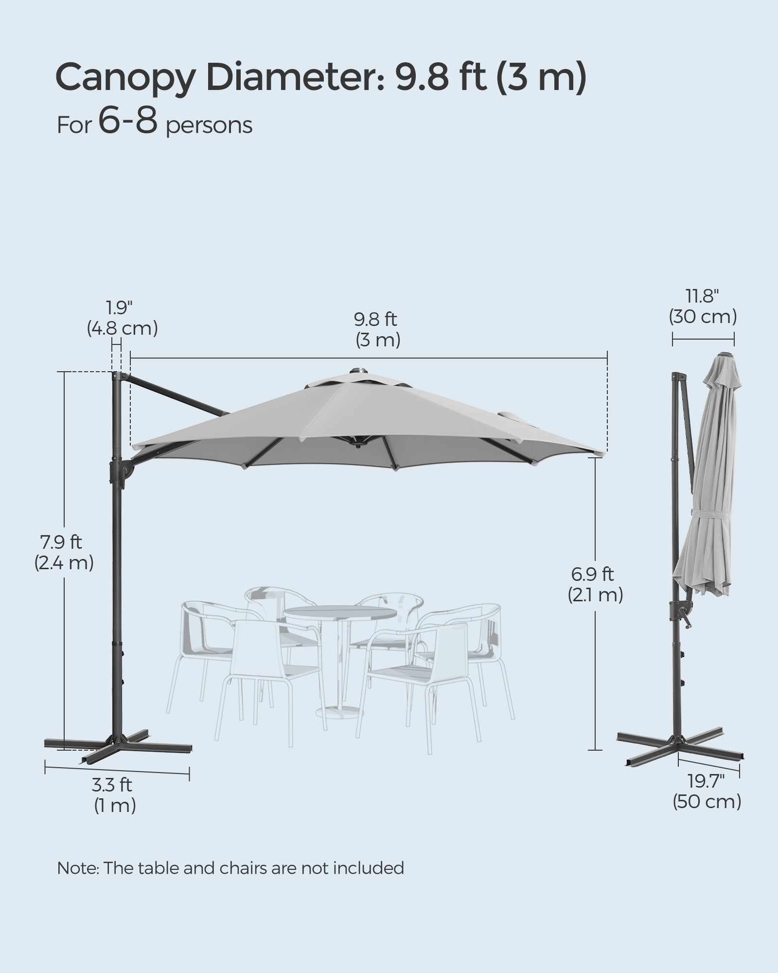 Garden Parasol – Fabric – Dove Grey – UPF 50+, 360° Swivel, Seamless Tilt, Crank Opening