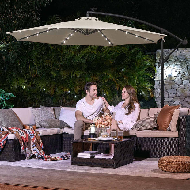 Cantilever Garden Parasol – Fabric – Red – Solar-Powered LED Lights, UPF 50+ Protection