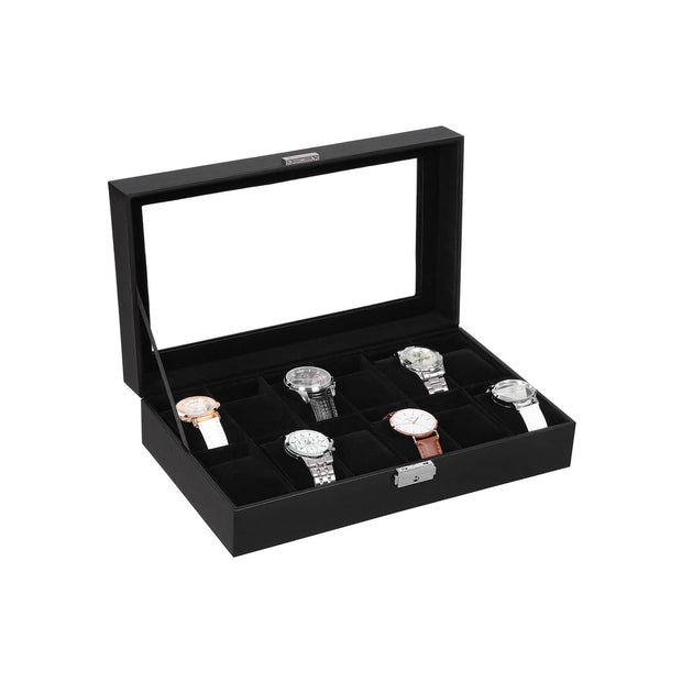 Watch Box – Faux Leather – Black – 12-Slot with Glass Lid and Velvet Lining