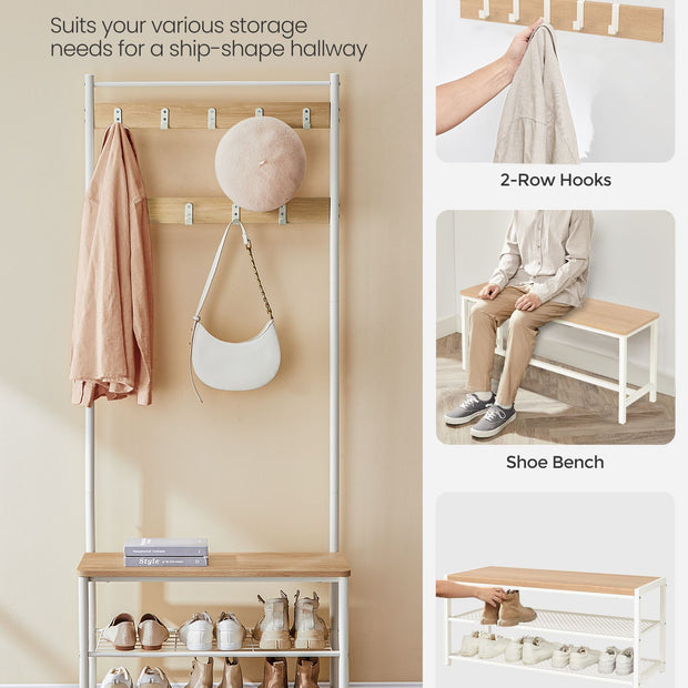Coat Stand – Wood – Natural – With Shoe Storage Bench