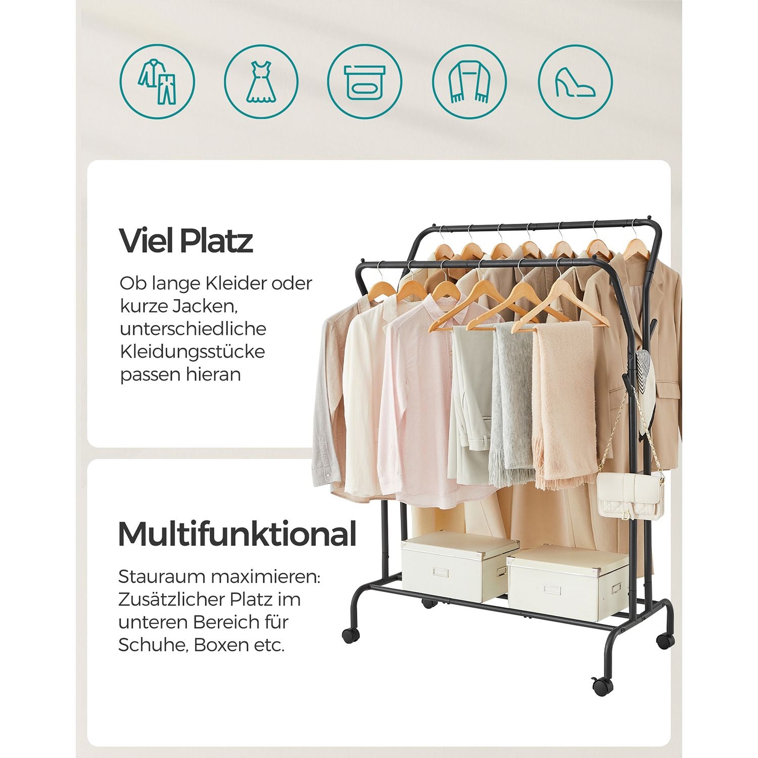 Clothing rack - On wheels - 2 clothing rods - Black