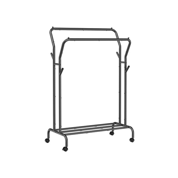 Double-Rail Clothes Rack – Heavy-Duty Metal – Black – Mobile with Shelf