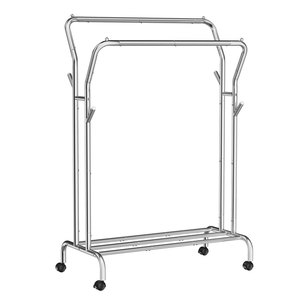 Double-Rail Clothes Rack – Heavy-Duty Metal – Black – Mobile with Shelf