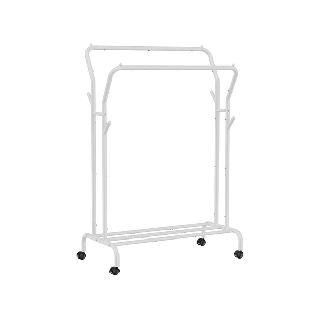 Double-Rail Clothes Rack – Heavy-Duty Metal – Black – Mobile with Shelf