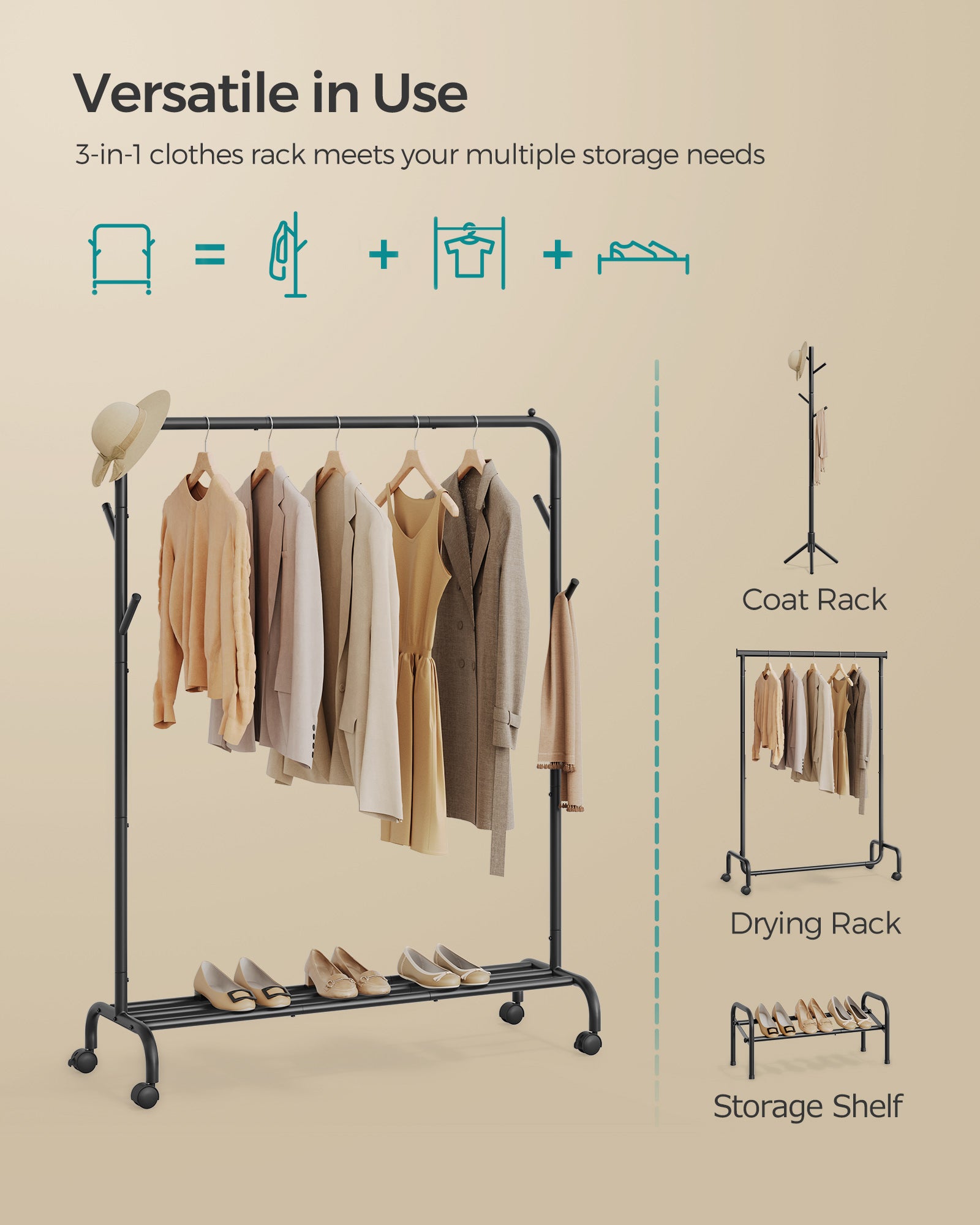 Clothes Rack – Heavy-Duty Metal – Ink Black – Extendable and Collapsible with Wheels