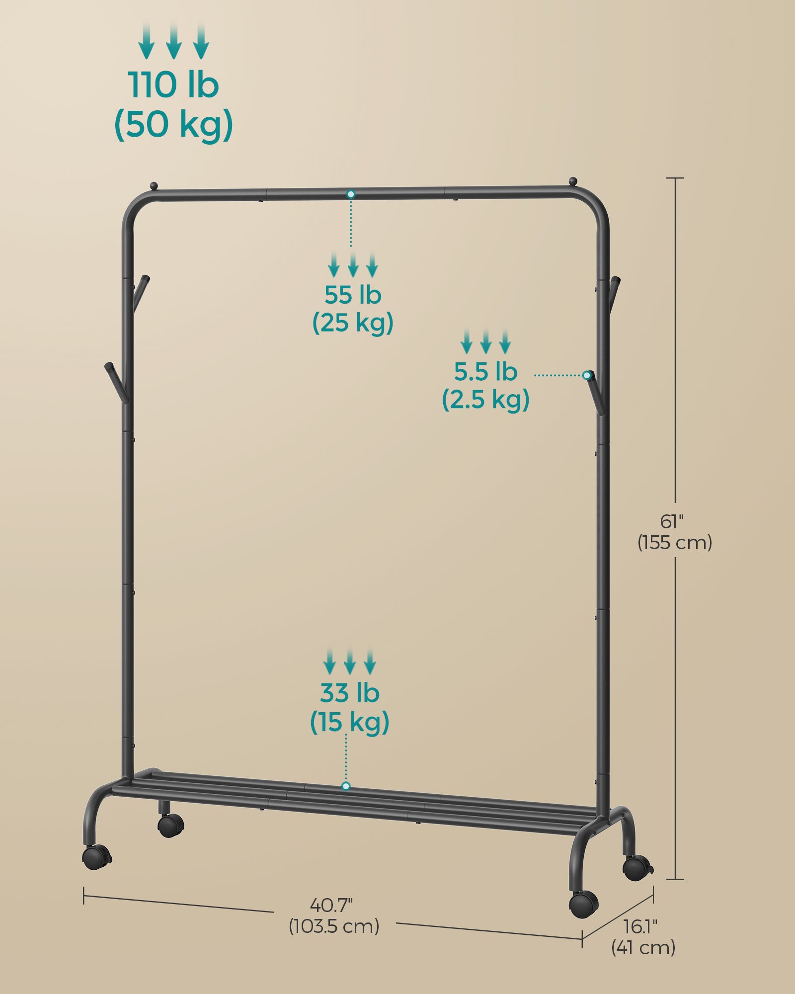 Clothes Rack – Heavy-Duty Metal – Ink Black – Extendable and Collapsible with Wheels
