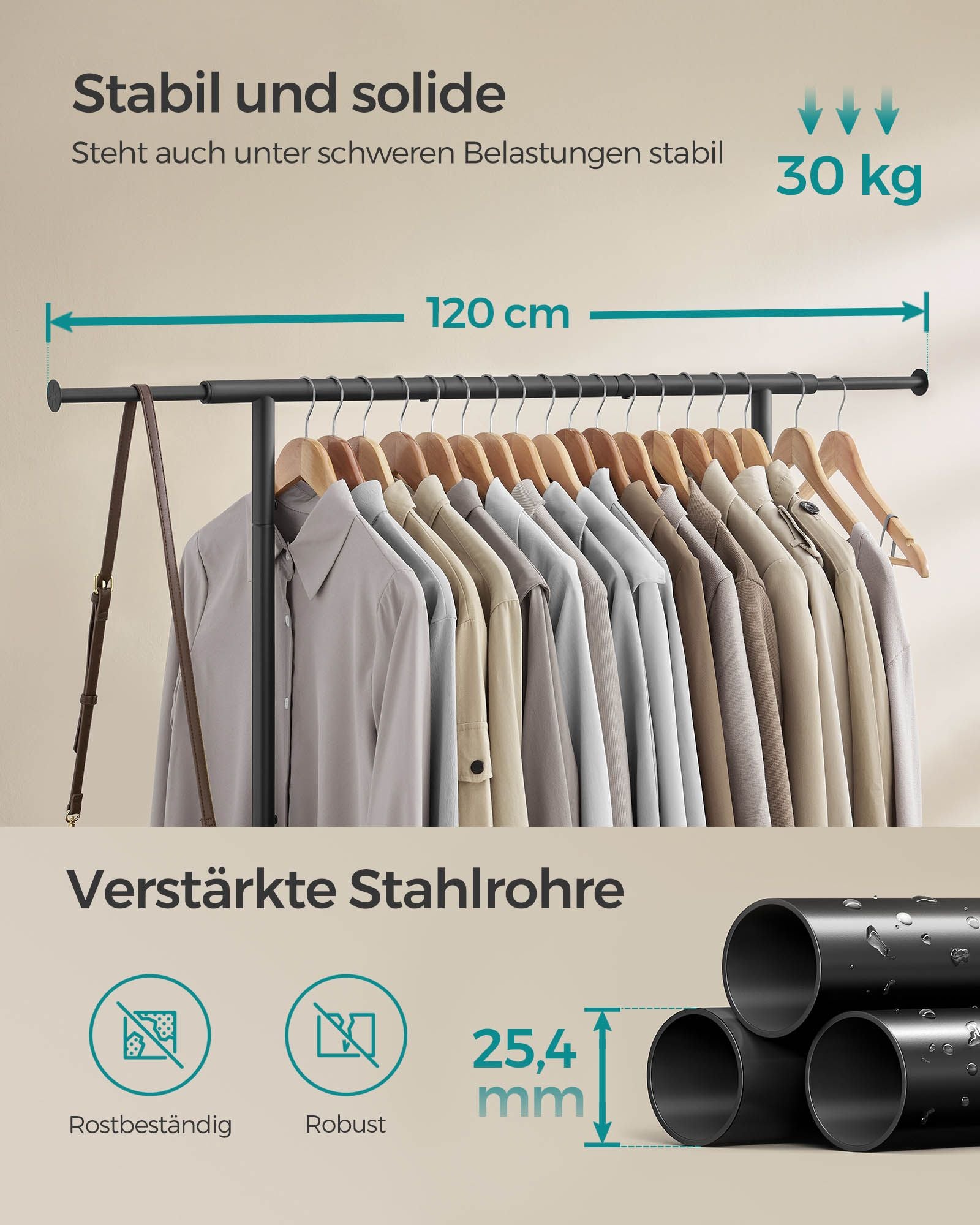 Clothing rack on wheels with a load capacity of up to 45 kg, ink black