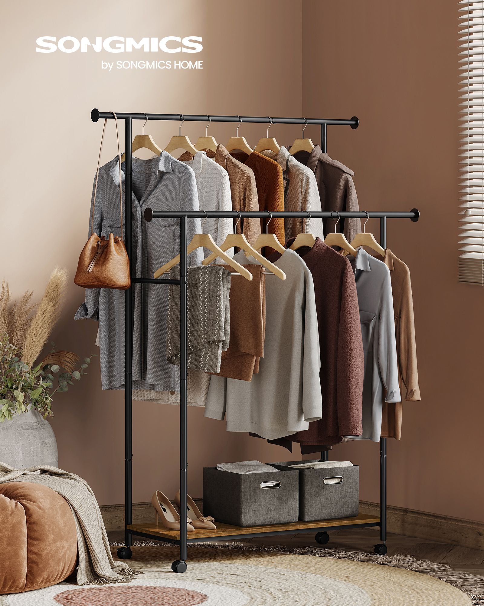 Clothing rack - On wheels - Vintage Brown & Ink -Zwart