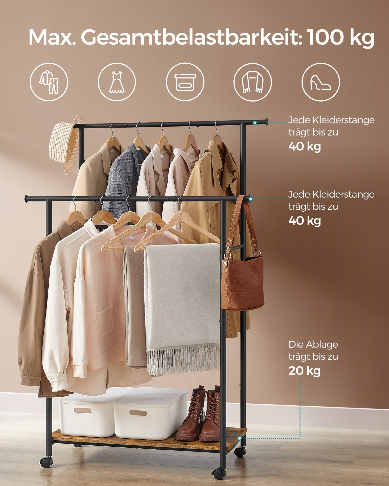 Clothing rack - On wheels - Vintage Brown & Ink -Zwart