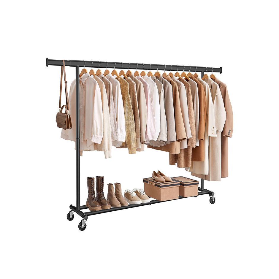 Clothes Rack – Chrome – Silver – Extendable and Collapsible with Wheels, 150 kg Load Capacity