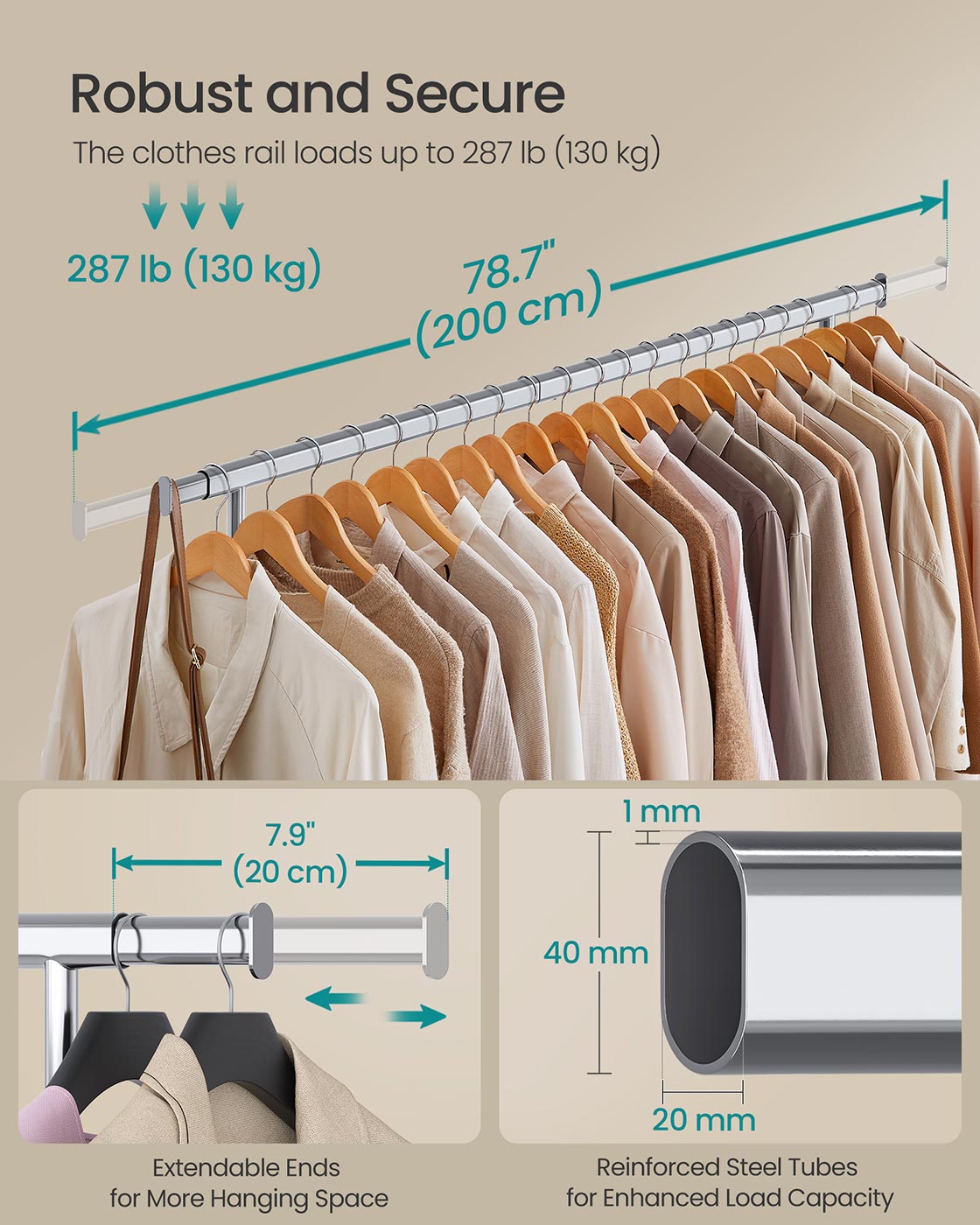 Clothes Rack – Chrome – Silver – Extendable and Collapsible with Wheels, 150 kg Load Capacity