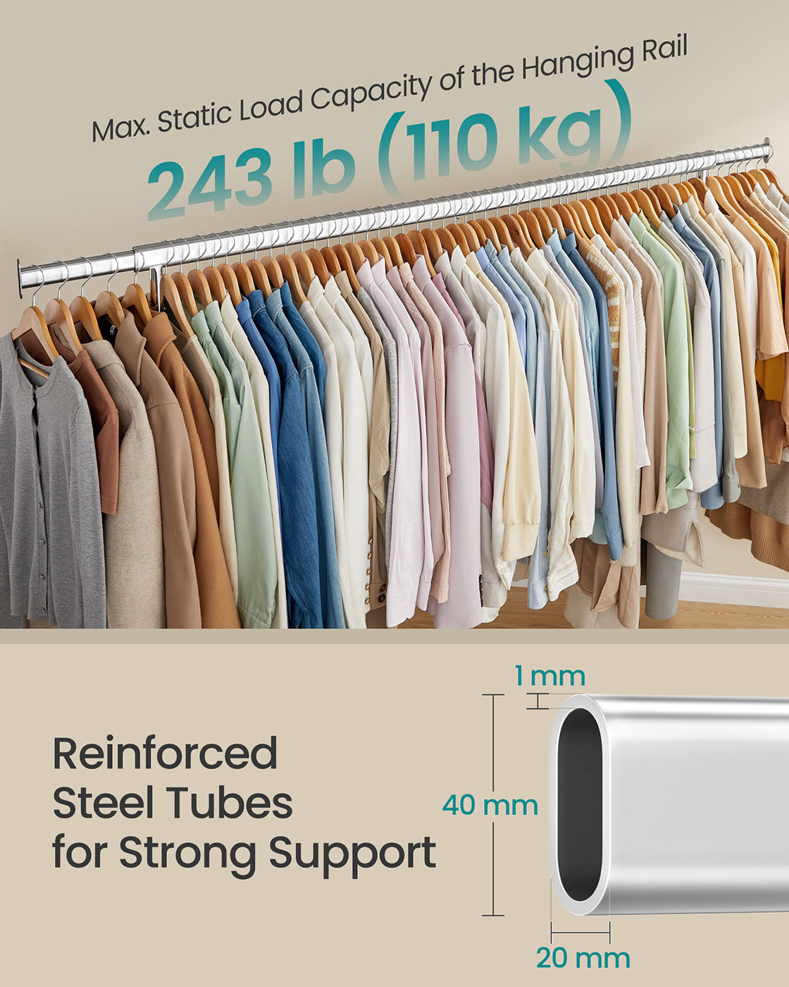 Clothes Rack – Chrome-Plated – Matte Silver – Heavy-Duty with Extendable Hanging Rail
