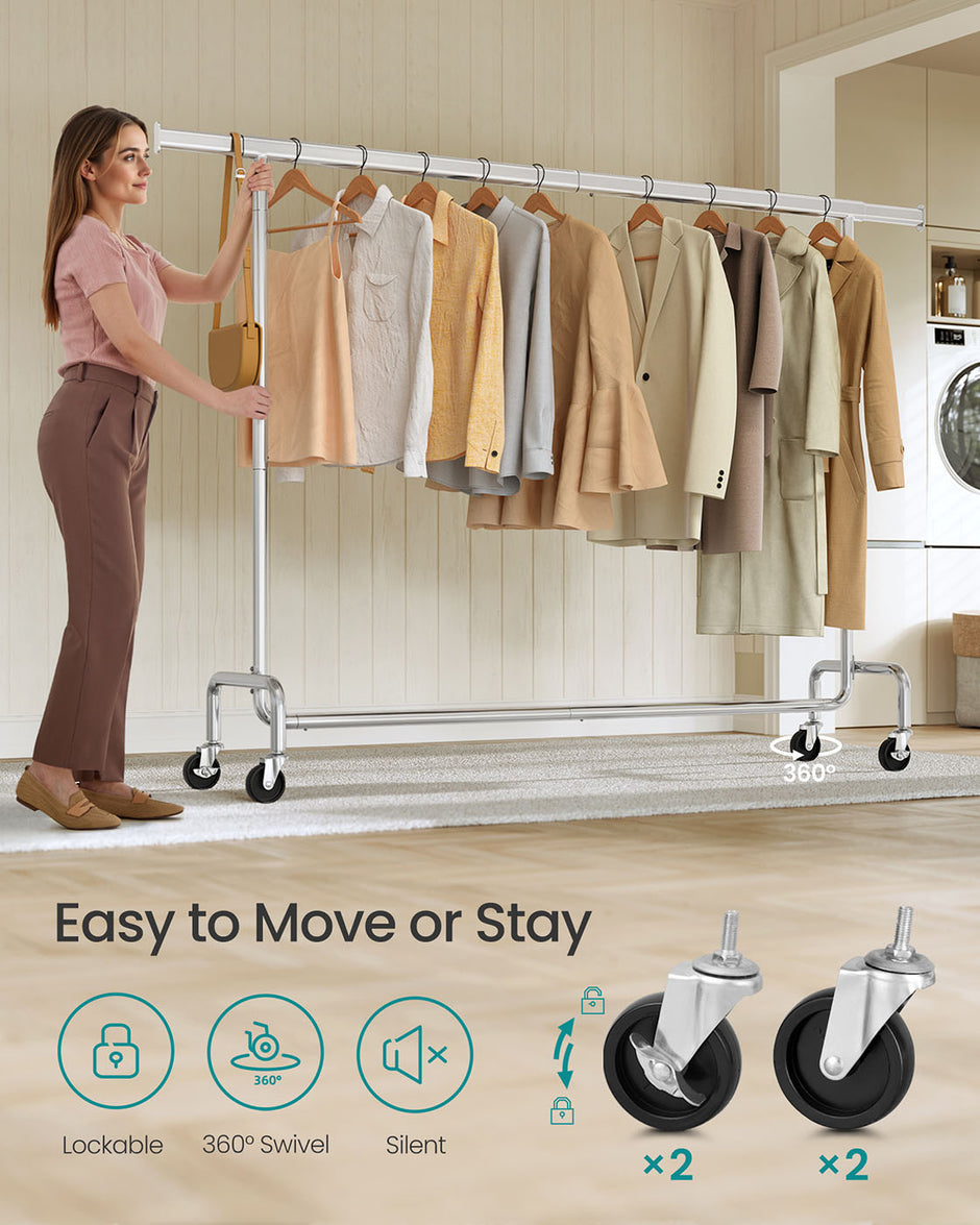 Clothes Rack – Chrome-Plated – Matte Silver – Heavy-Duty with Extendable Hanging Rail