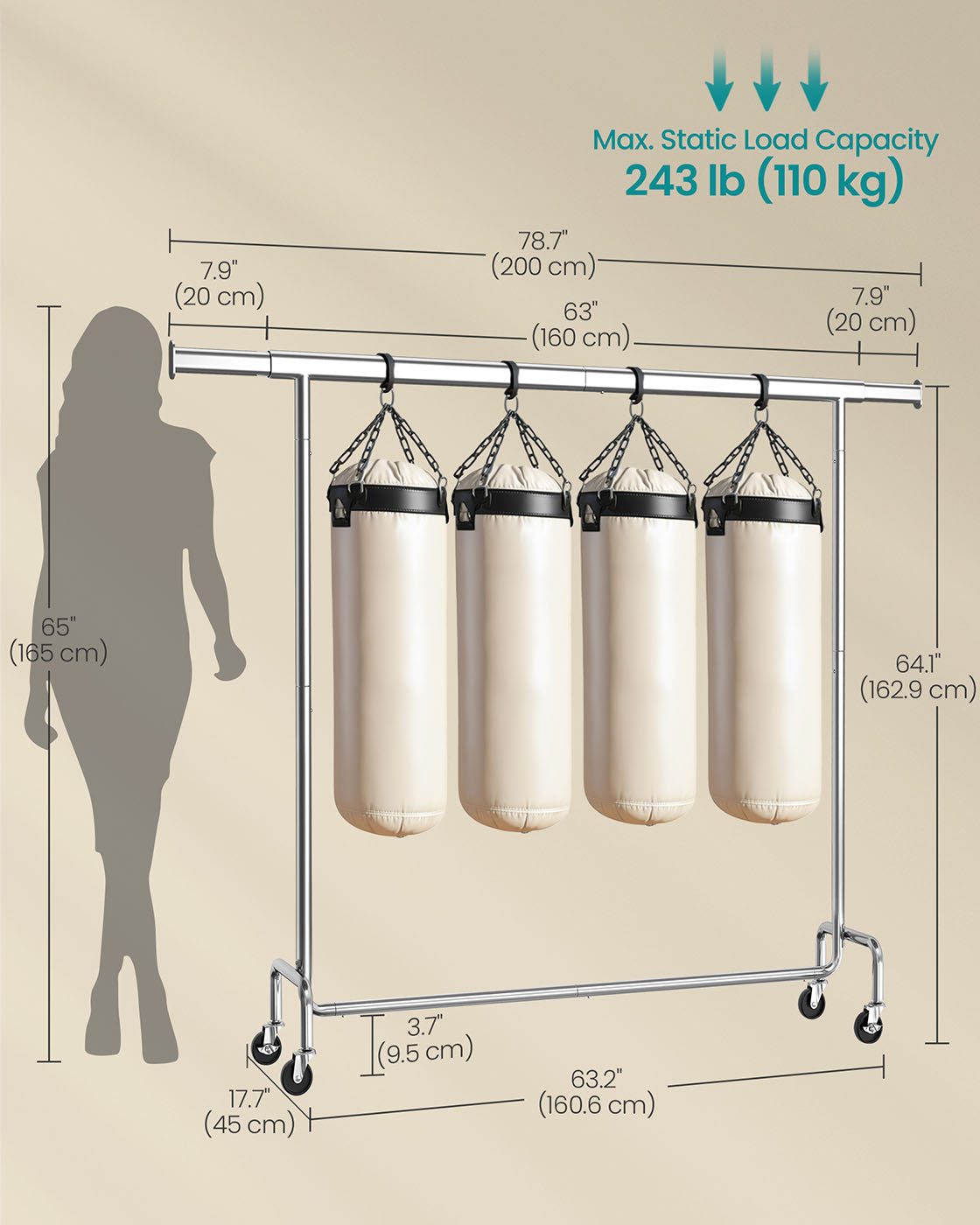 Clothes Rack – Chrome-Plated – Matte Silver – Heavy-Duty with Extendable Hanging Rail