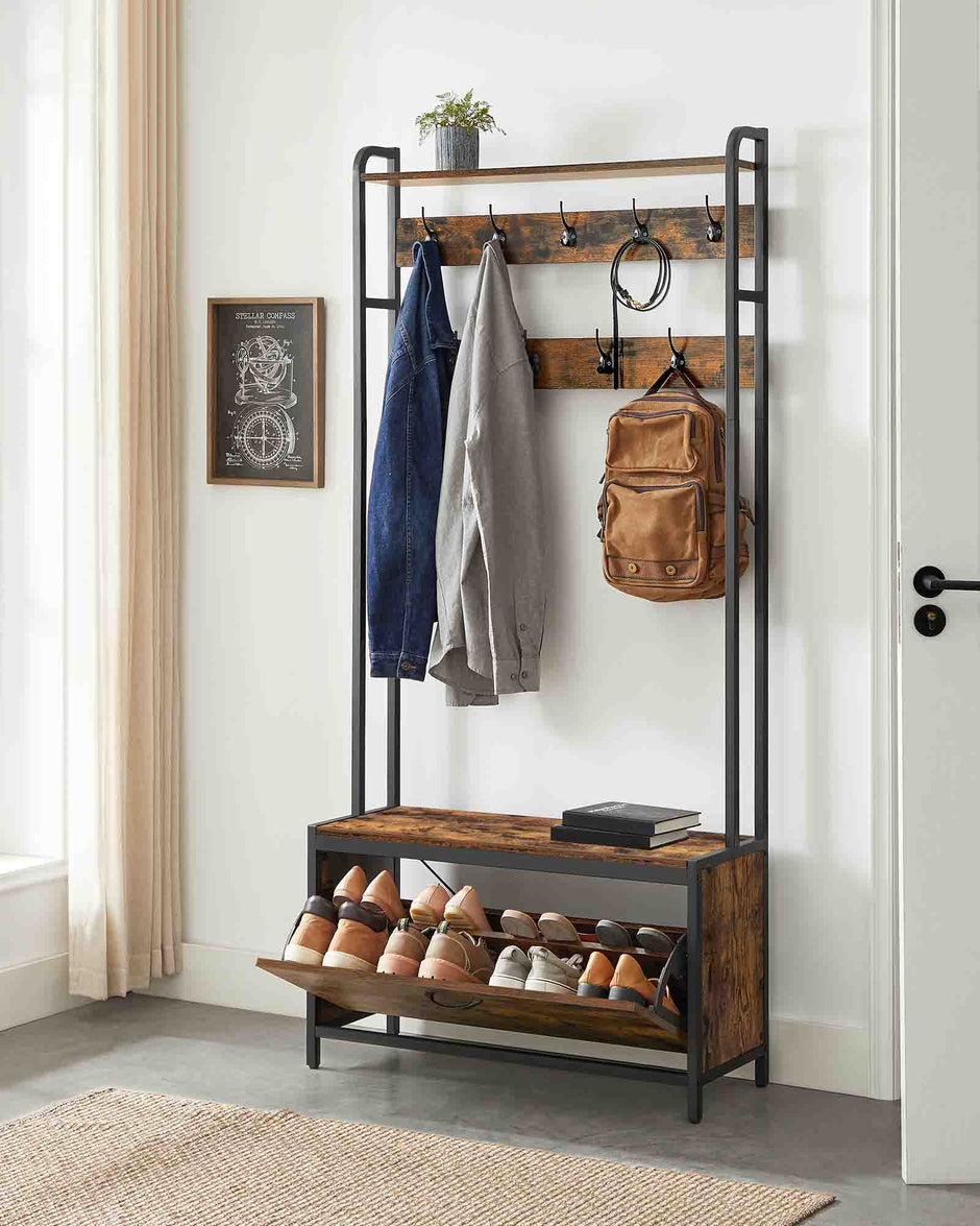 Coat Rack with Shoe Storage – Wood and Metal – Rustic Brown and Black – 9 Hooks and Top Shelf