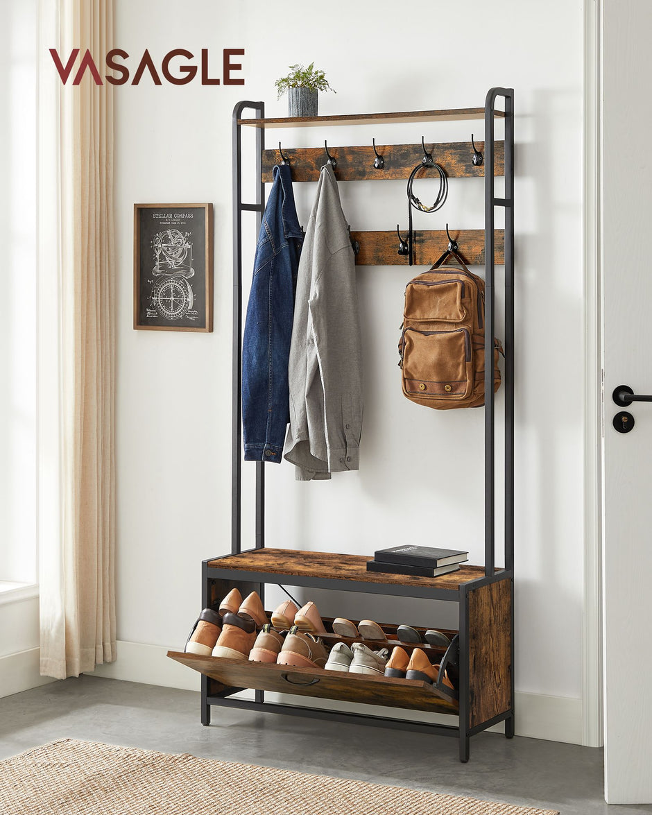 Coat Rack with Shoe Storage – Wood and Metal – Rustic Brown and Black – 9 Hooks and Top Shelf
