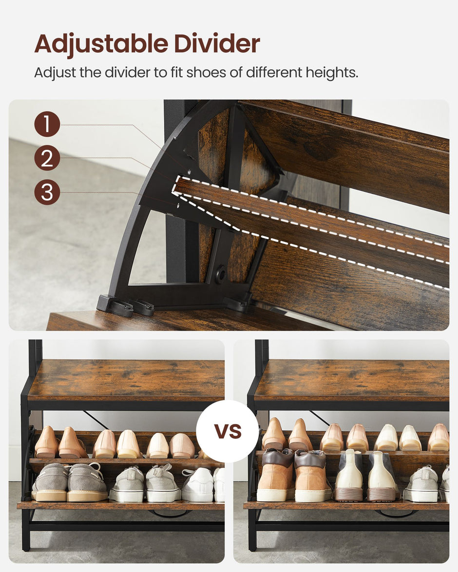 Coat Rack with Shoe Storage – Wood and Metal – Rustic Brown and Black – 9 Hooks and Top Shelf