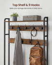 Coat Rack with Shoe Storage – Wood and Metal – Rustic Brown and Black – 9 Hooks and Top Shelf