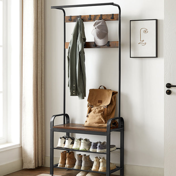 Coat Rack – Metal – Rustic Brown – Industrial Design with Removable Hooks and Umbrella Stand