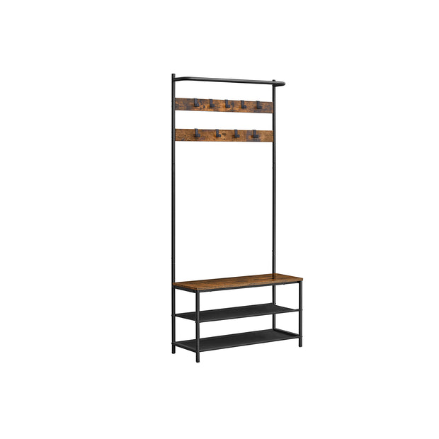 Coat Stand – Wood – Industrial Finish – With Shoe Bench and 9 Movable Hooks
