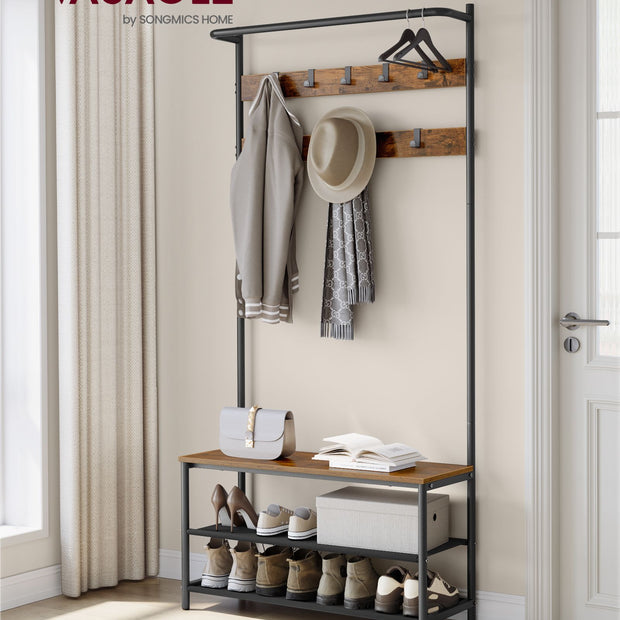 Coat Stand – Wood – Industrial Finish – With Shoe Bench and 9 Movable Hooks
