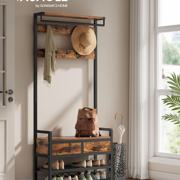 Hall Tree – Wood – Natural – With Bench, Shoe Storage, 2 Fabric Drawers, and 10 Hooks