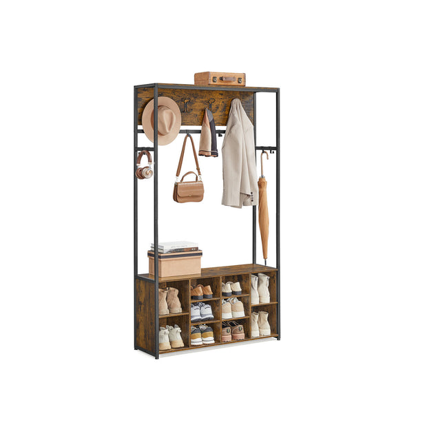 Hall Tree – Wood – Rustic Brown and Ink Black – Bench with Shoe Storage and Coat Rack