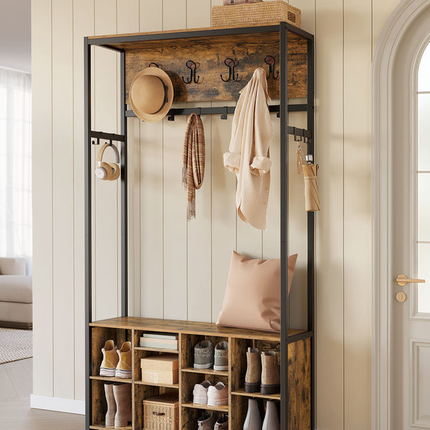 Hall Tree – Wood – Rustic Brown and Ink Black – Bench with Shoe Storage and Coat Rack