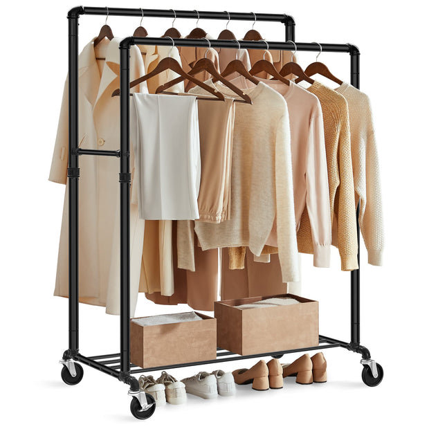 Industrial Pipe Clothes Rack – Heavy Duty Metal – Black – Double Hanging Rail with Shelf, Mobile Design, Maximum Load 110 Kg