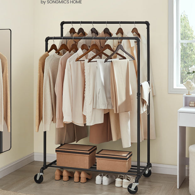 Industrial Pipe Clothes Rack – Heavy Duty Metal – Black – Double Hanging Rail with Shelf, Mobile Design, Maximum Load 110 Kg