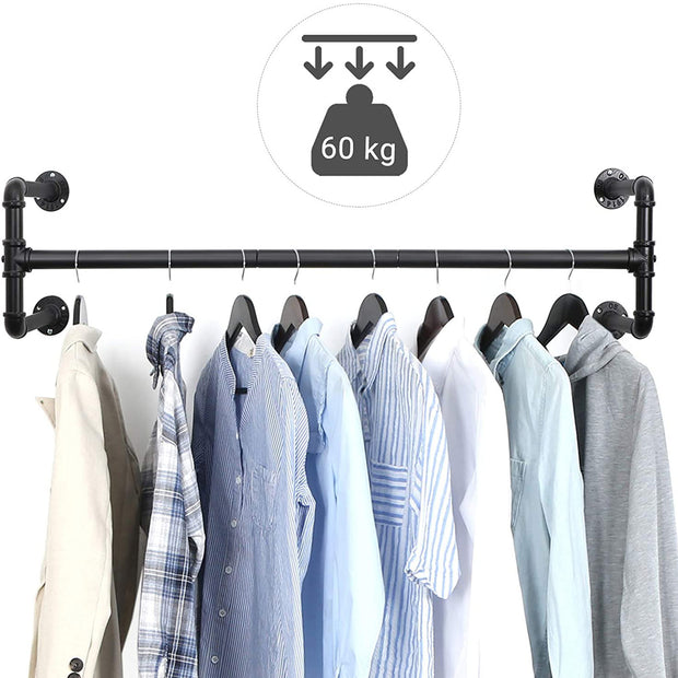Wall-Mounted Clothes Rack – Metal – Black – Industrial Pipe Design, Space-Saving, Holds up to 60 kg