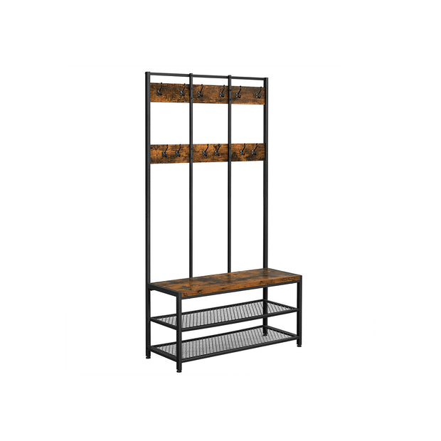 Large Coat Rack Stand – Iron – Industrial Design – 12 Hooks and Shoe Bench