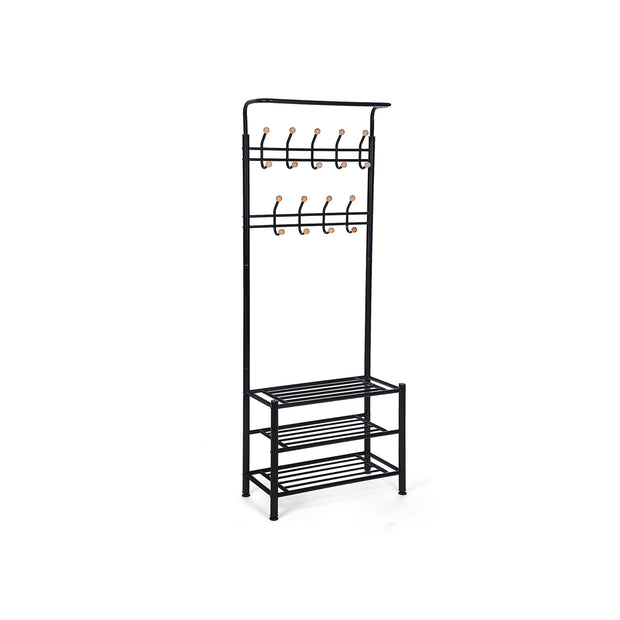 Hall Tree – Metal – Black – Multi-Purpose Entryway Organizer with Coat Stand and Shoe Rack