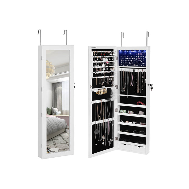 Hanging Jewellery Cabinet – Wood – White – Lockable with LED Light and Drawers