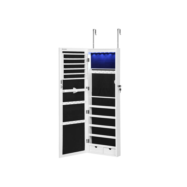 Hanging Jewellery Cabinet – Wood – White – Lockable with LED Light and Drawers