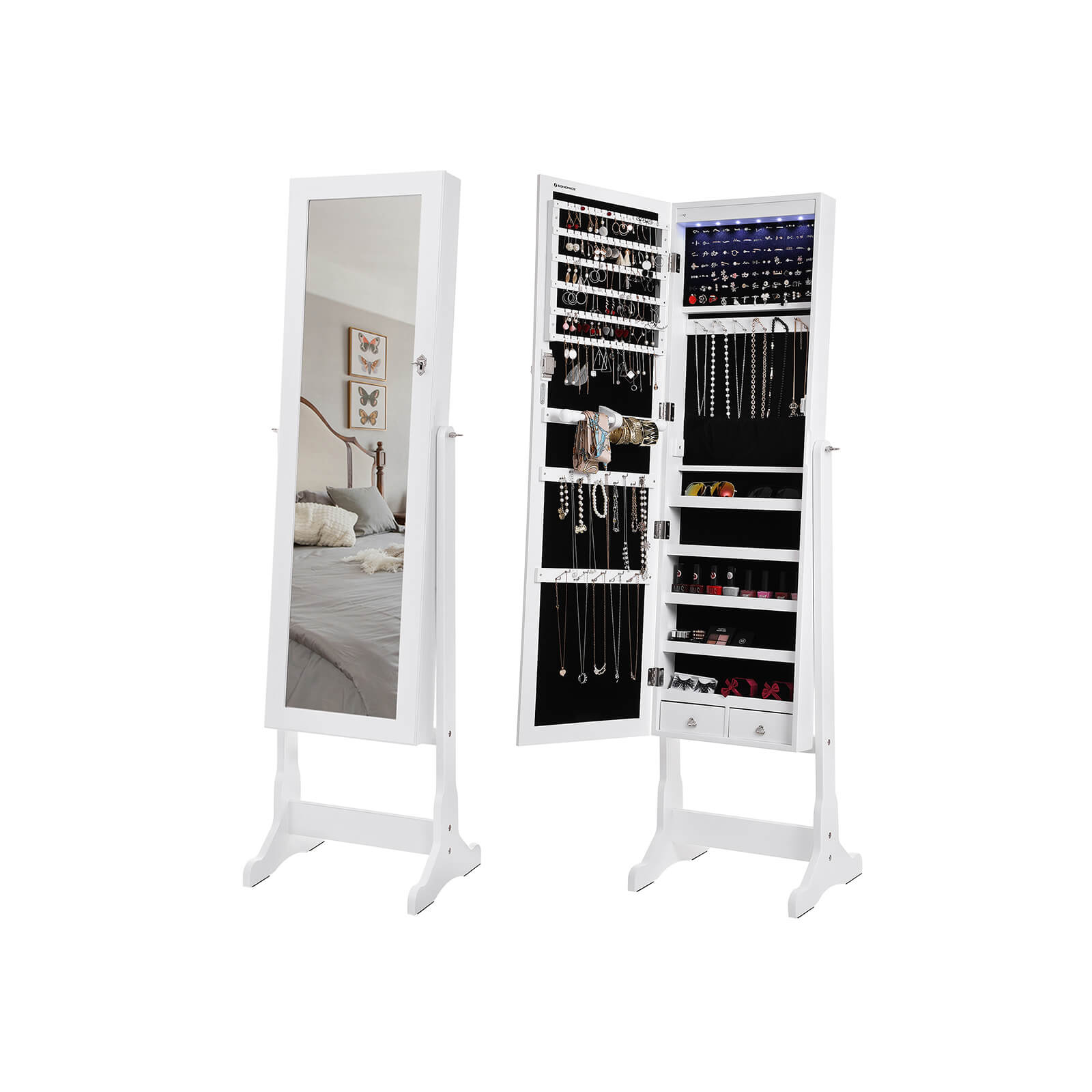 Jewellery Cabinet – Wood – White – LED Lighting with Lock and Storage Drawers