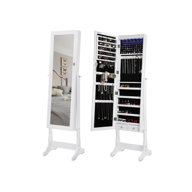 Jewellery Cabinet – Wood – White – LED Lighting with Lock and Storage Drawers
