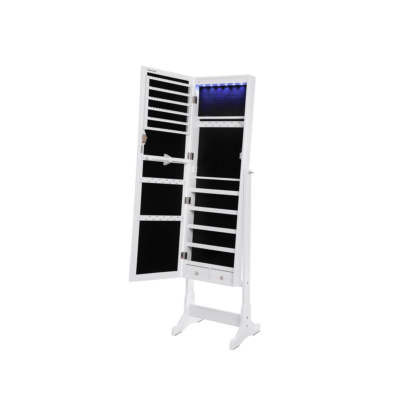 Jewellery Cabinet – Wood – White – LED Lighting with Lock and Storage Drawers