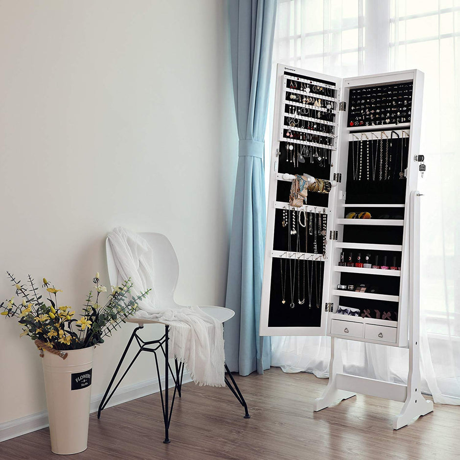 Jewellery Cabinet – Wood – White – LED Lighting with Lock and Storage Drawers