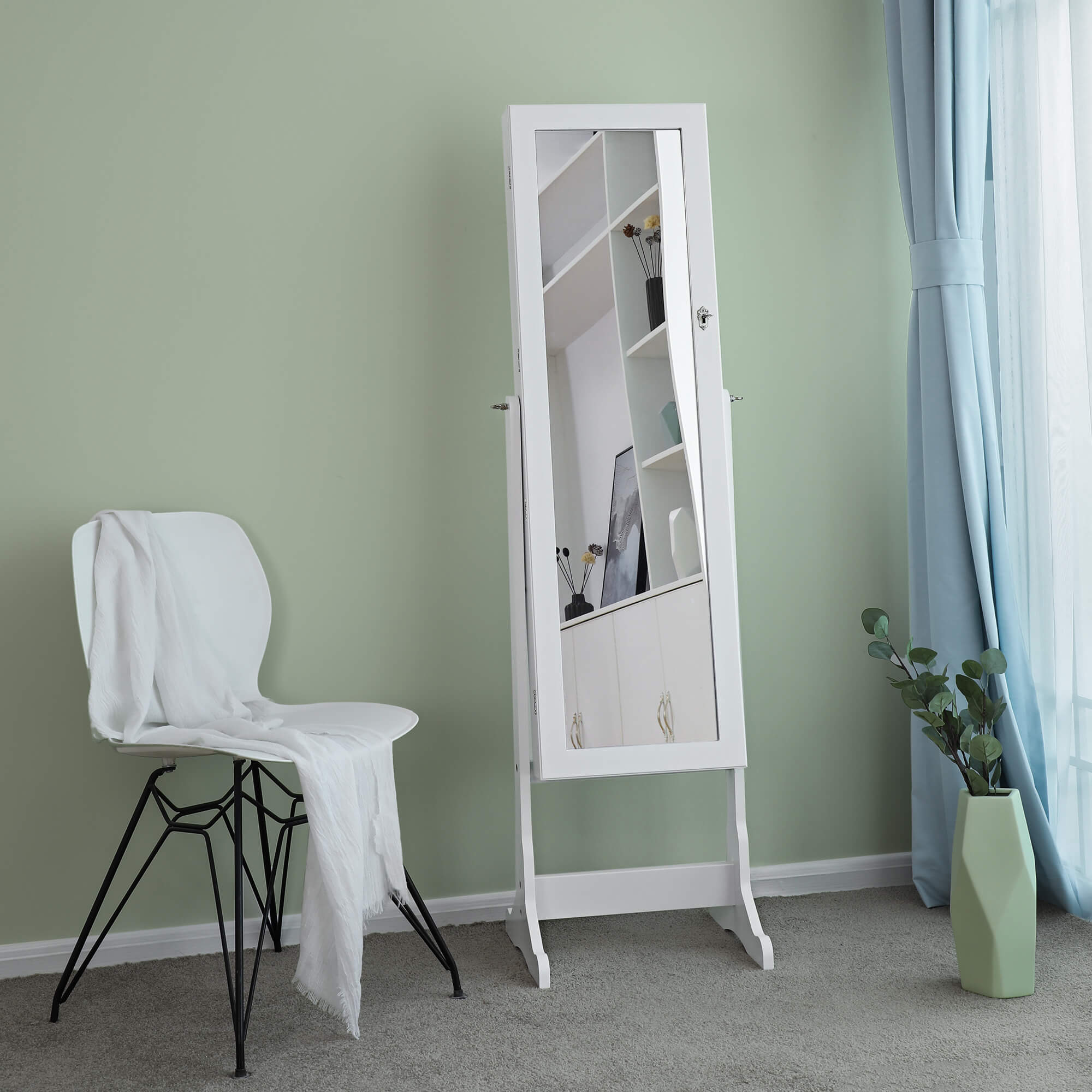 Jewellery Cabinet – Wood – White – LED Lighting with Lock and Storage Drawers