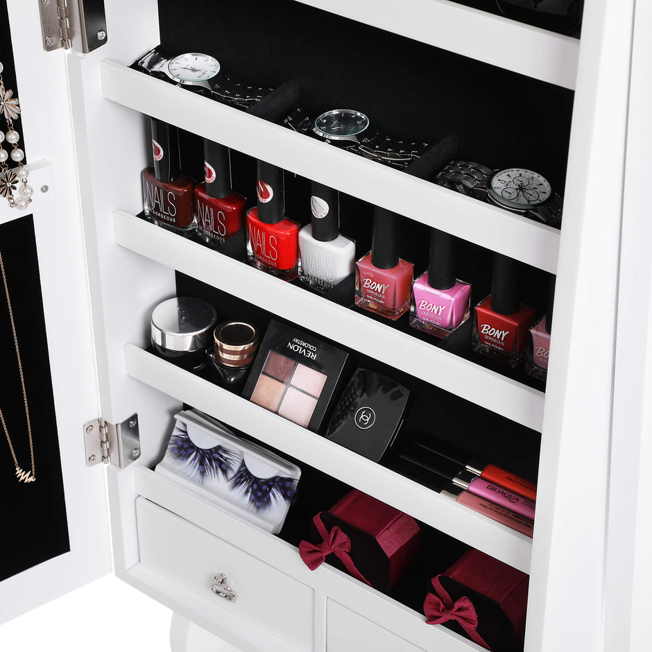 Jewellery Cabinet – Wood – White – LED Lighting with Lock and Storage Drawers