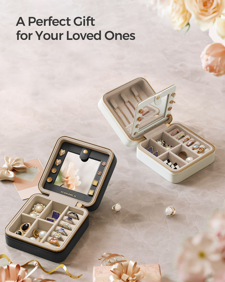 Travel Jewellery Box – PU Leather – Compact Size – Interior Mirror