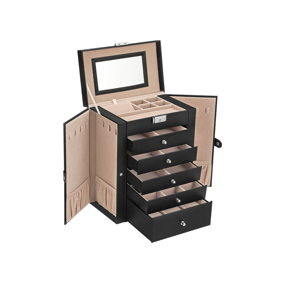 Large Jewellery Box – MDF – White – 6-Tier with Side Wings, Drawers, Mirror, and Clasp