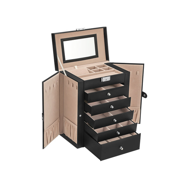 Large Jewellery Box – MDF – White – 6-Tier with Side Wings, Drawers, Mirror, and Clasp