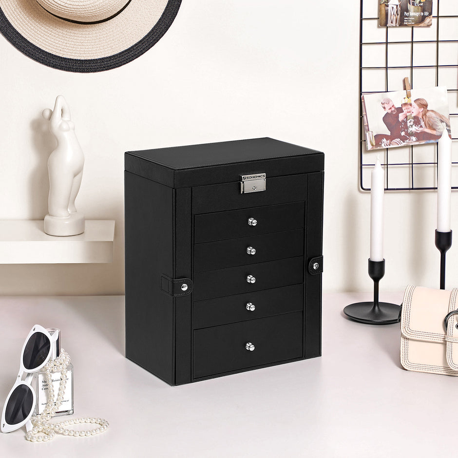 Large Jewellery Box – MDF – White – 6-Tier with Side Wings, Drawers, Mirror, and Clasp