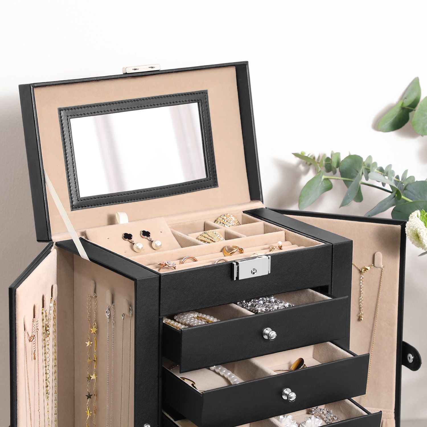 Large Jewellery Box – MDF – White – 6-Tier with Side Wings, Drawers, Mirror, and Clasp