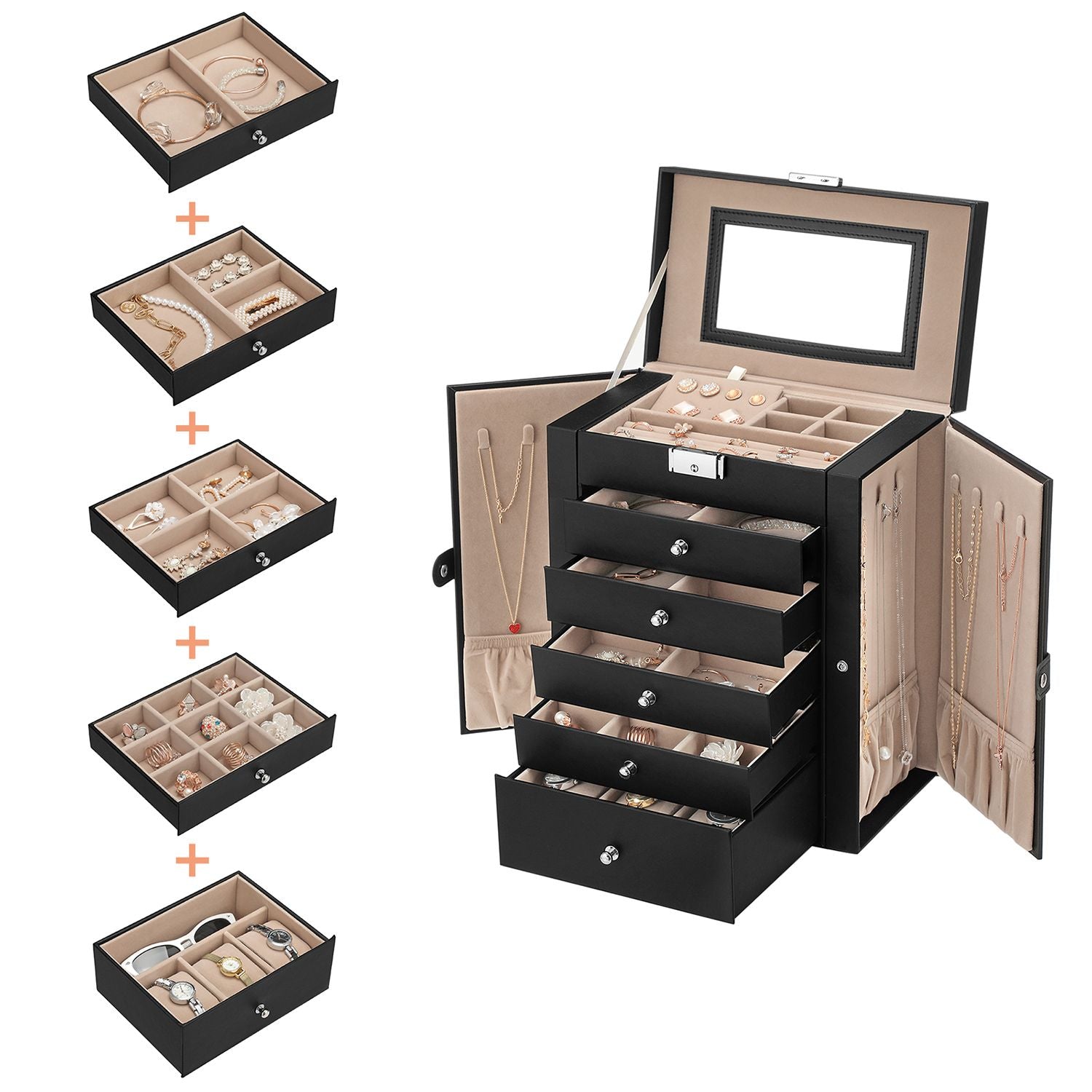 Large Jewellery Box – MDF – White – 6-Tier with Side Wings, Drawers, Mirror, and Clasp