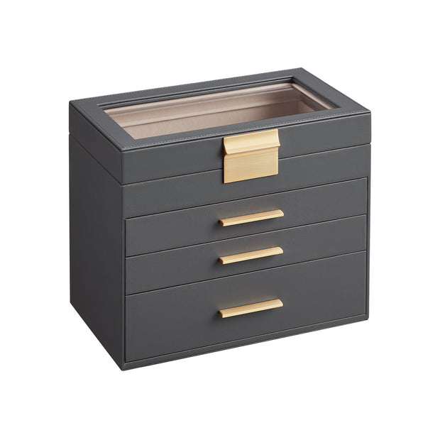 Jewellery Box – Glass – Grey and Gold – 4-Tier Organiser with 3 Drawers